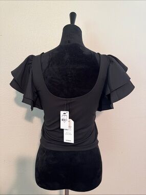Express Black Scoop Neck Top with Ruffle Flutter Sleeves